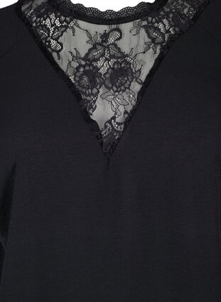 Bluse med korte ermer og blonder , Black, Packshot image number 2