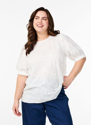 Zizzi Kortermet bluse med broderi og rund hals, Hvit, Model image number 0