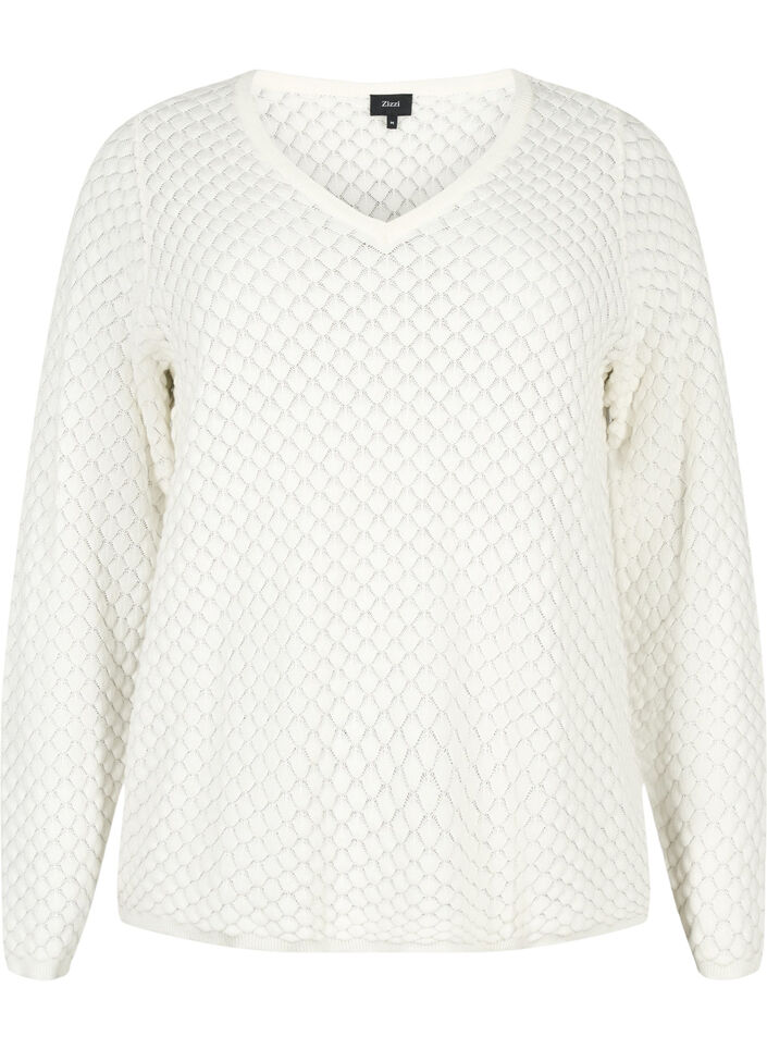 Strukturmønstret genser i økologisk bomull	, Cloud Dancer, Packshot image number 0