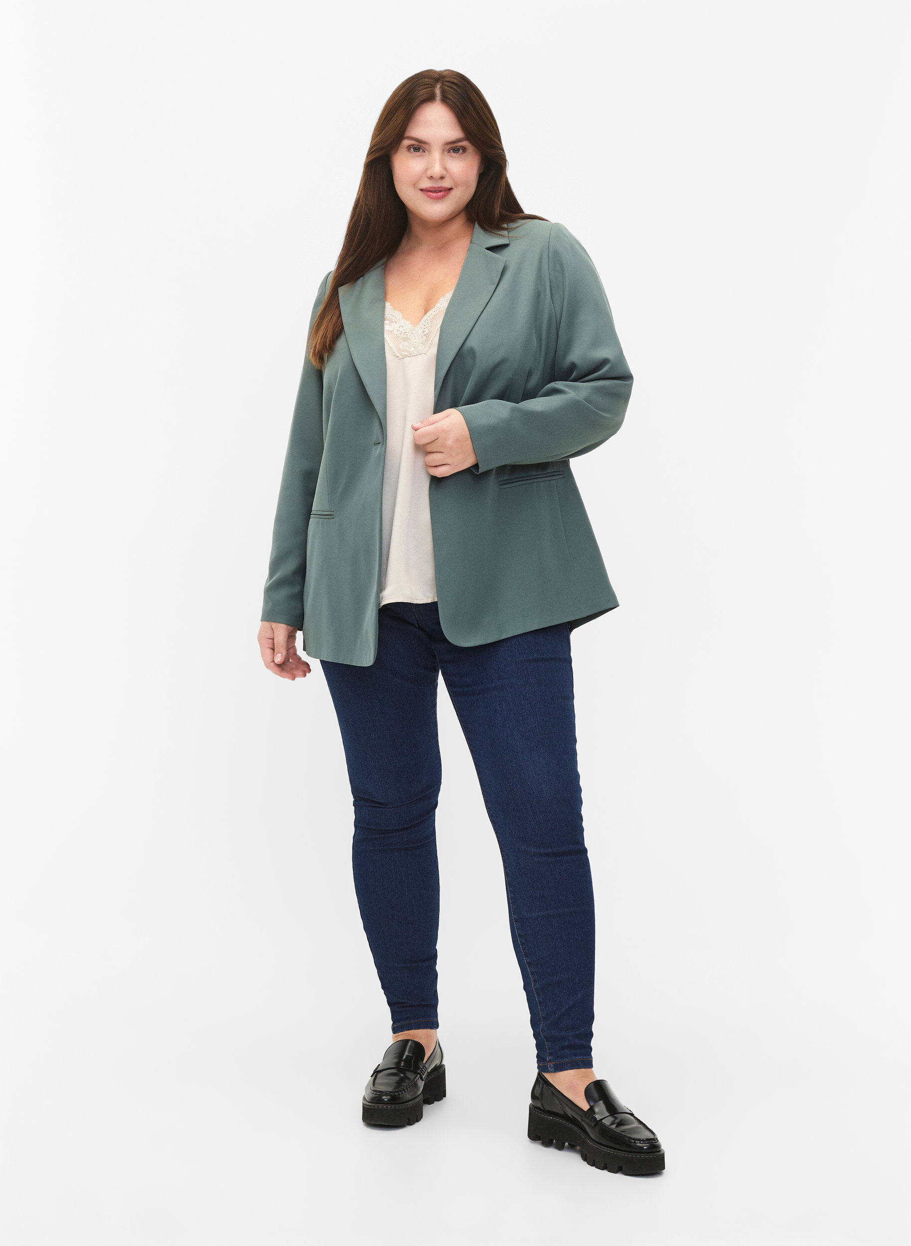 Zizzi FLASH - Enkel blazer med knapp, Gr&oslash;nn, Model image number 1
