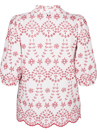 Bluse med trekvartlange ermer og kontrastfarget engelsk broderi, White w. Red, Packshot image number 1