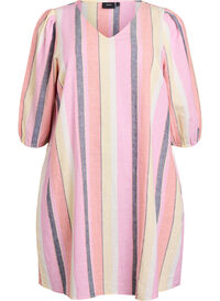 Kort kjole i lin og viskose med 3/4 ermer, Gul Kort kjole i lin og viskose med 3/4 ermer