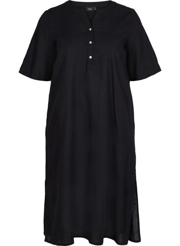 Lang skjortekjole med korte ermer, Black, Packshot image number 0