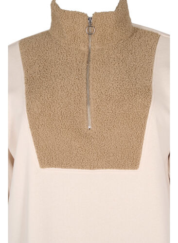Høyhalset genser i teddy med glidelås, Brown Comb, Packshot image number 2