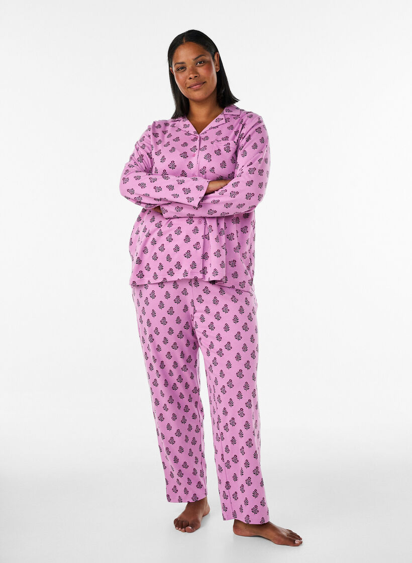 Bomullspyjamasbukser med h&oslash;y midje, Rosa, Model image number 0