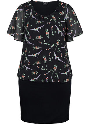 Kortermet kjole med en blomstrete overdel, Black AOP, Packshot image number 0