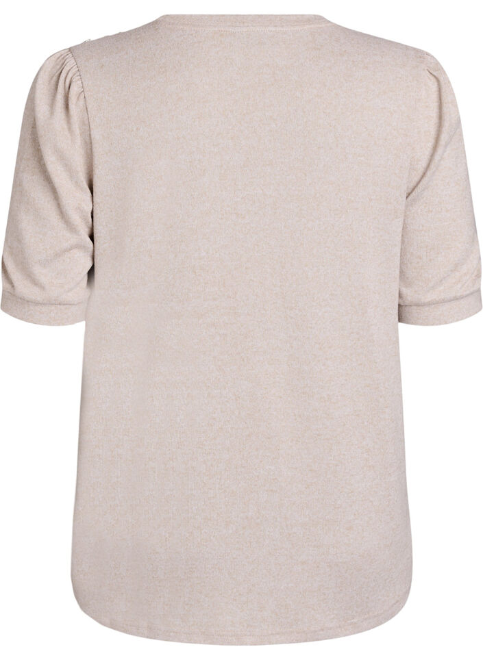 Bluse med knappedetaljer og korte puffermer, Beige, Packshot image number 1