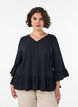 Bluse med tekstur, V-hals og rysjer, Svart, Model image number 0