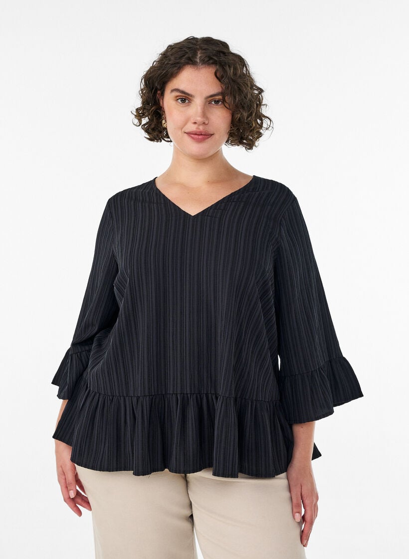 Bluse med tekstur, V-hals og rysjer, Svart, Model image number 0