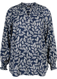 Bluse med vaffelsøm og v-utringning, Navy Leaf