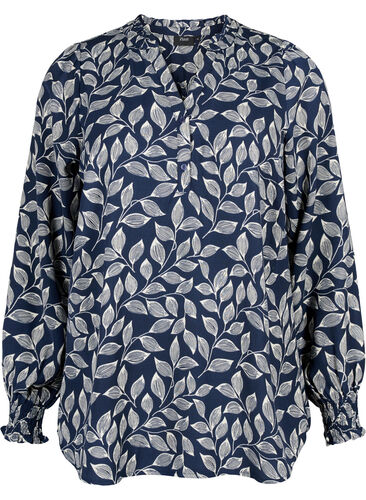 Bluse med vaffelsøm og v-utringning, Navy Leaf, Packshot image number 0