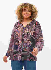 Skjorte med V-hals og mønster, Black/Brown Paisley, Model