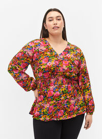 Bluse i viskose med blomstermønster og smock, Neon Flower Print, Model