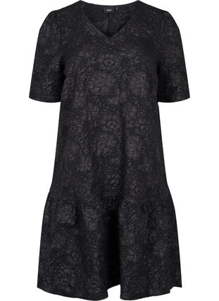 Kortermet kjole med V-hals og blomstermønster, Black, Packshot image number 0