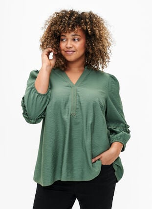Zizzi Bluse med ruffles, Duck Green, Model image number 0
