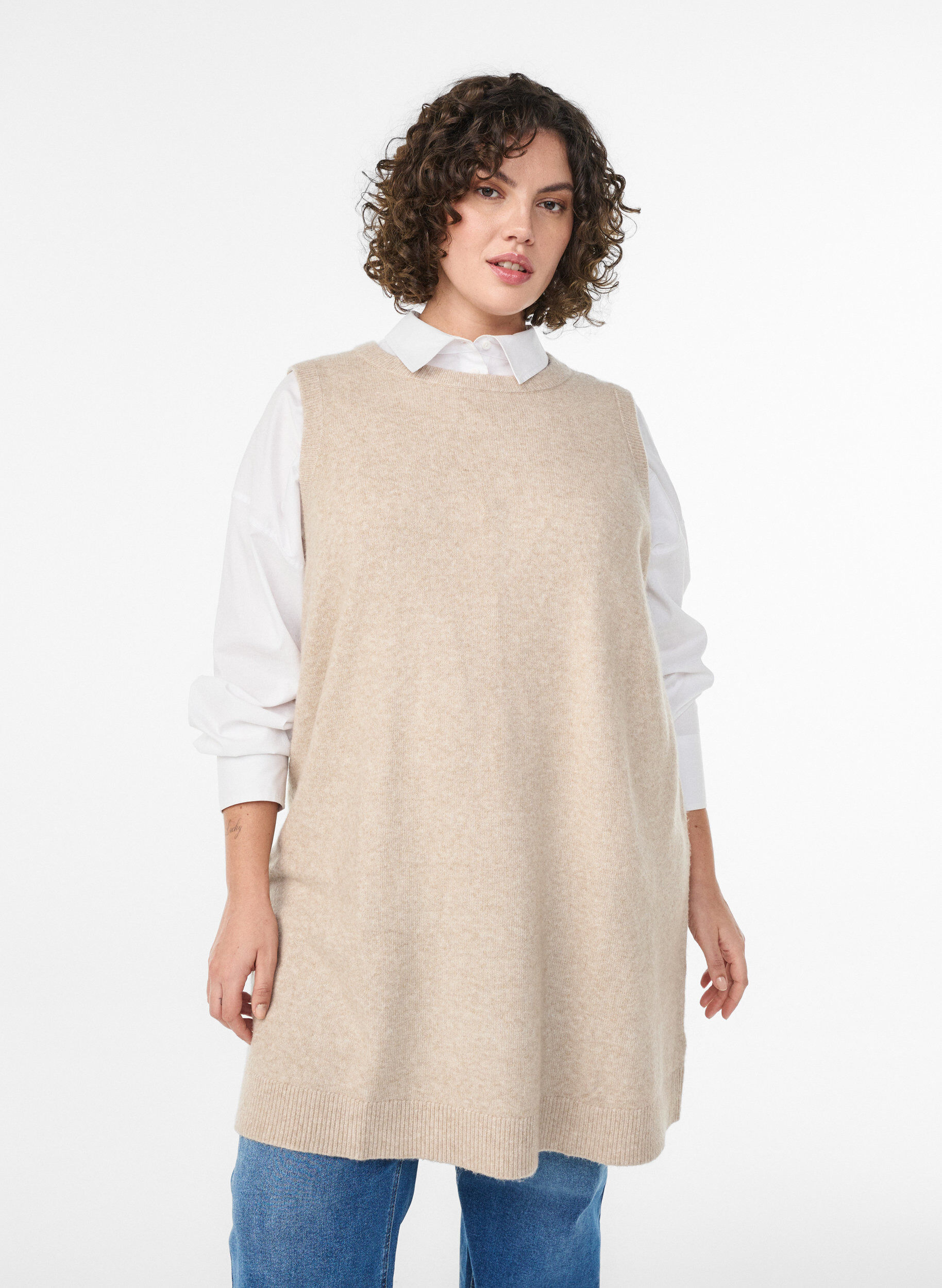 ZizziKort ermel&oslash;s strikkekjole, Beige, Model image number 0