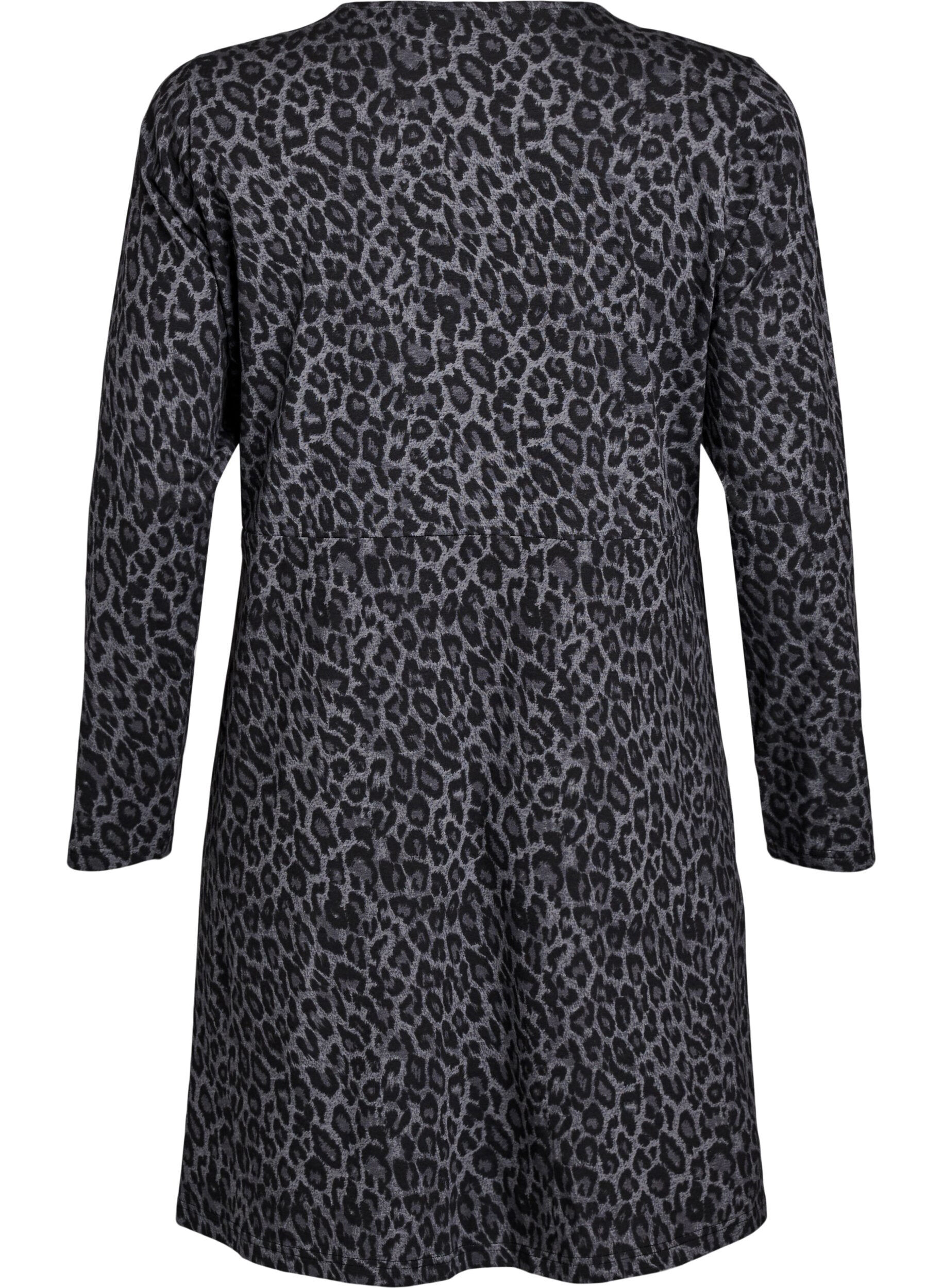Zizzi Langermet kjole med rund hals og leopardm&oslash;nster, Dark Grey Leo, Packshot image number 1