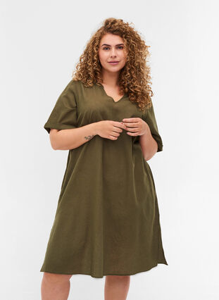 Kortermet kjole i bomullsmiks med lin, Ivy Green, Model image number 0