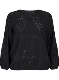 Langermet bluse med V-hals og hullmønster, Black