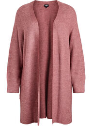 Lang ribbestrikket cardigan med &aring;pen front, Rosa