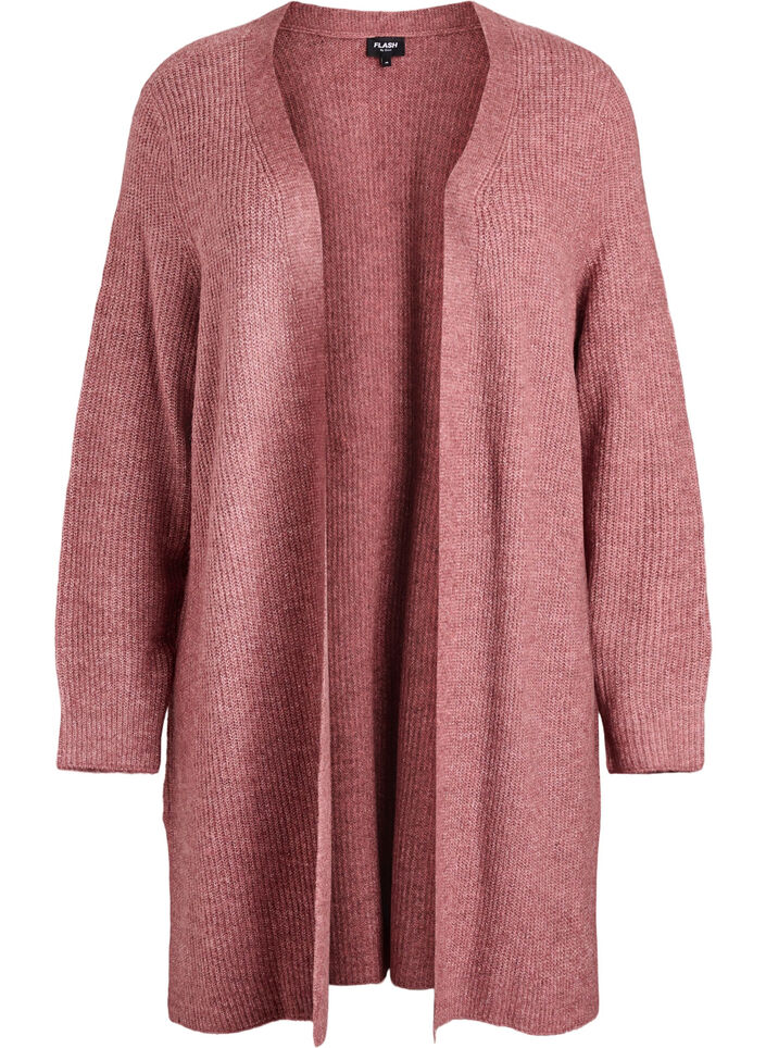 Lang ribbestrikket cardigan med &aring;pen front, Rosa, Packshot image number 0
