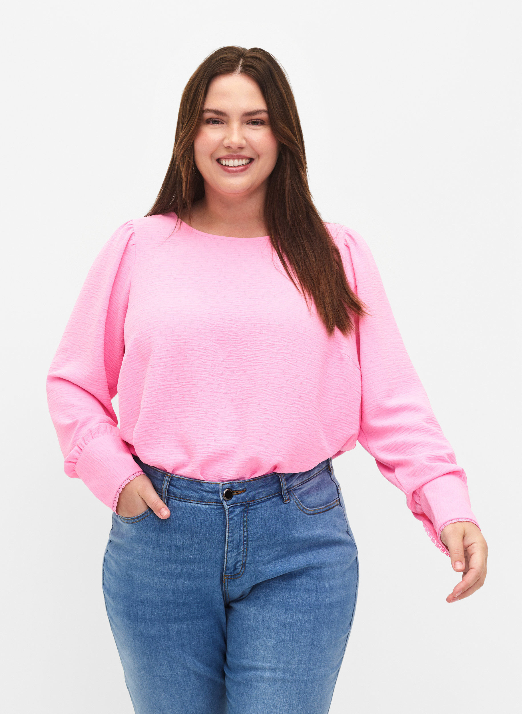 Zizzi Langermet bluse med tekstur, Rosebloom, Model image number 0