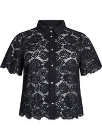Skjortebluse i blonde med perleknapper, Svart Skjortebluse i blonde med perleknapper