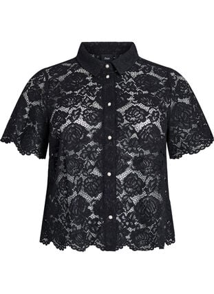 Zizzi Skjortebluse i blonde med perleknapper, Svart, Packshot image number 0