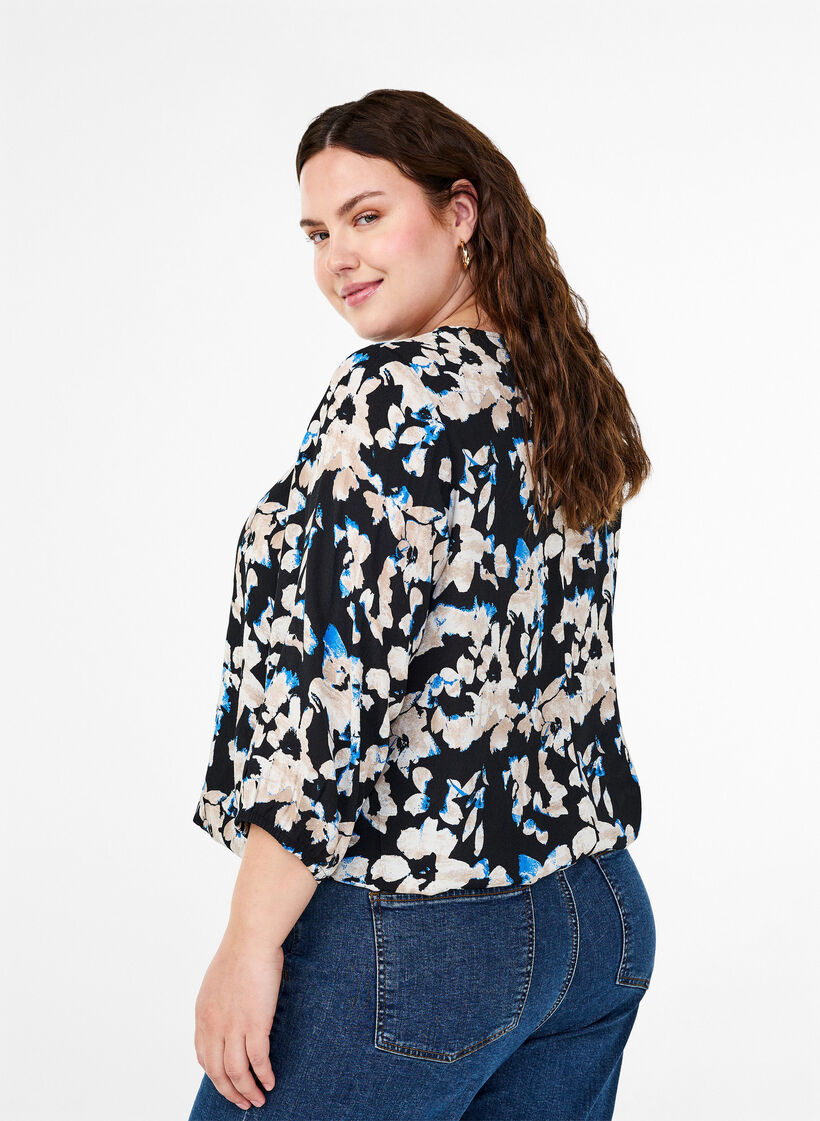 Viskosebluse med trykk og vaffelsøm, Svart, Model image number 2