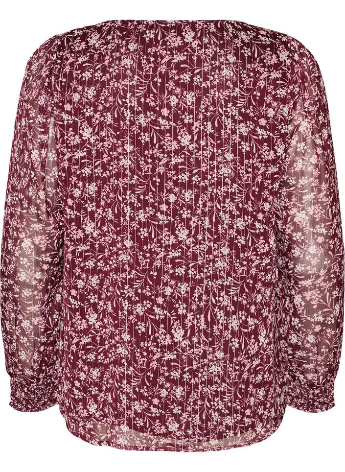 Bluse med blomstertrykk og glittertr&aring;d, R&oslash;d, Packshot image number 1