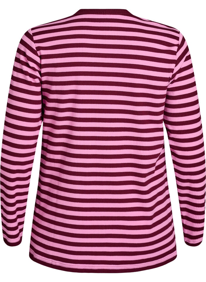 Stripete jerseybluse med ribbet tekstur, Rosa, Packshot image number 1
