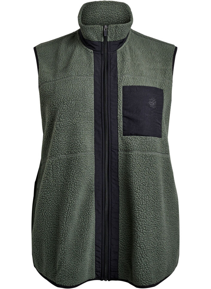 Sporty teddyvest med lommer, Thyme, Packshot image number 0