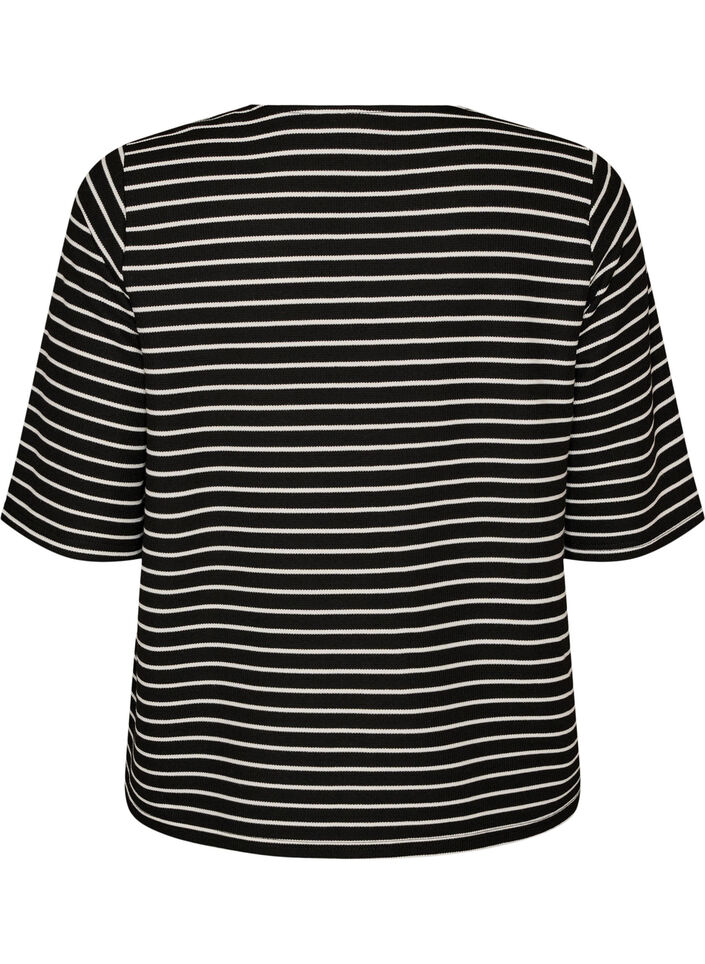 Bluse med ribbet tekstur og knappelukking, Svart, Packshot image number 1