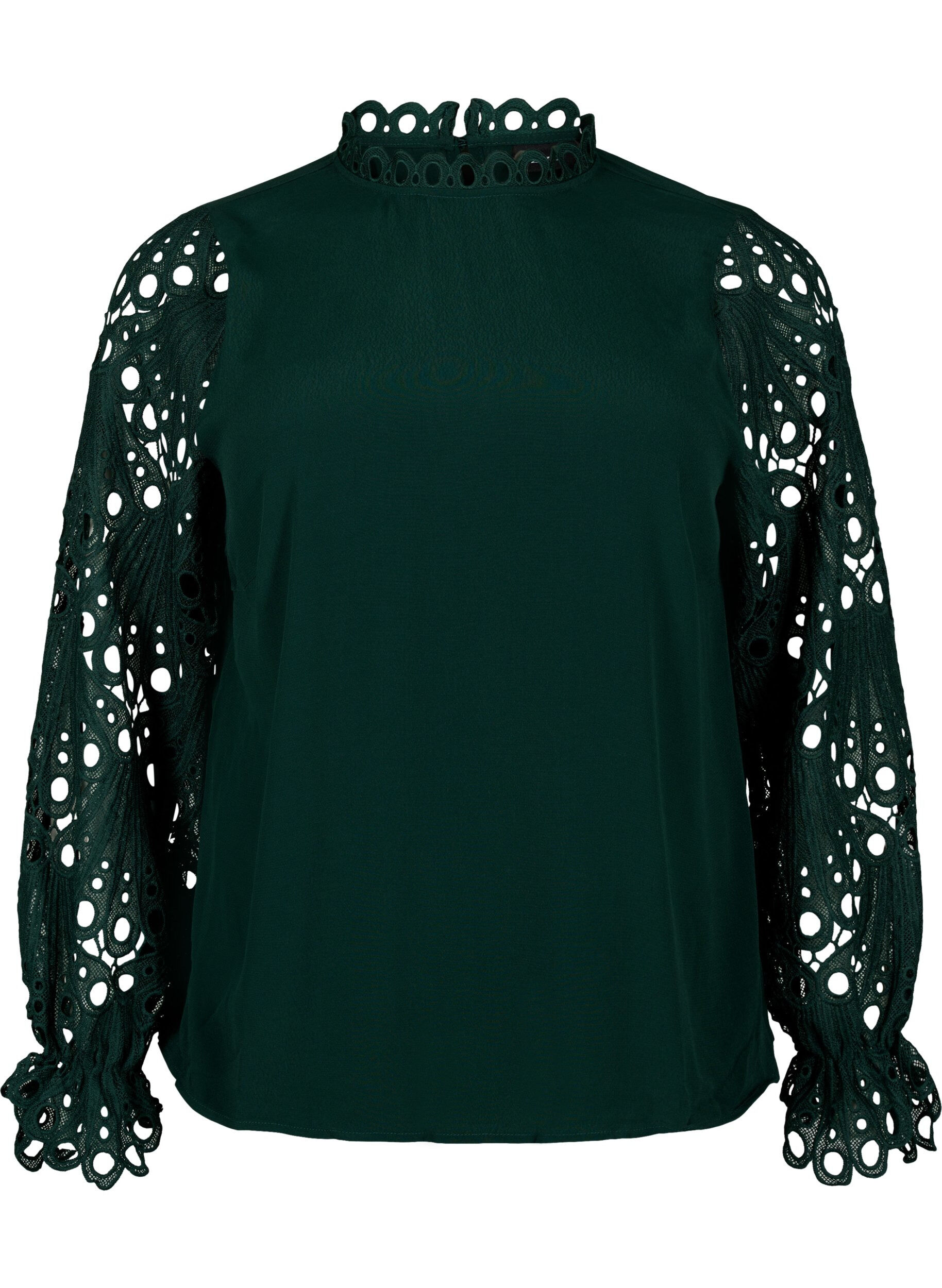 Zizzi Bluse i viskose med crochet ermer, Scarab, Packshot image number 0