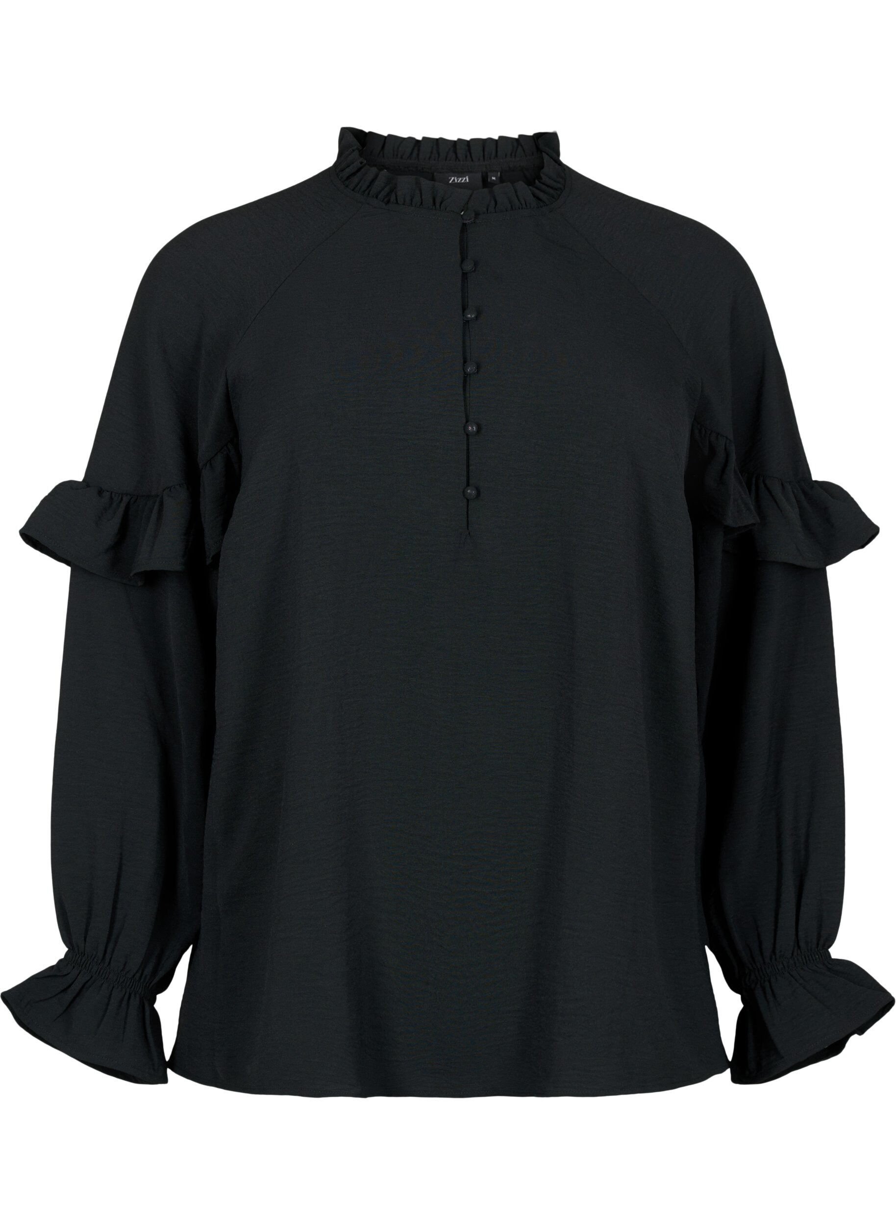 Zizzi Bluse med volanger og knapper, Black, Packshot image number 0