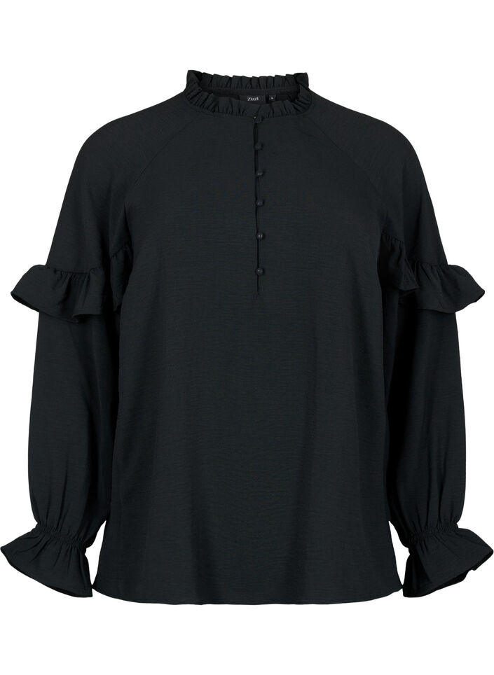 Bluse med volanger og knapper, Black, Packshot image number 0