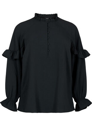 Bluse med volanger og knapper, Black, Packshot image number 0