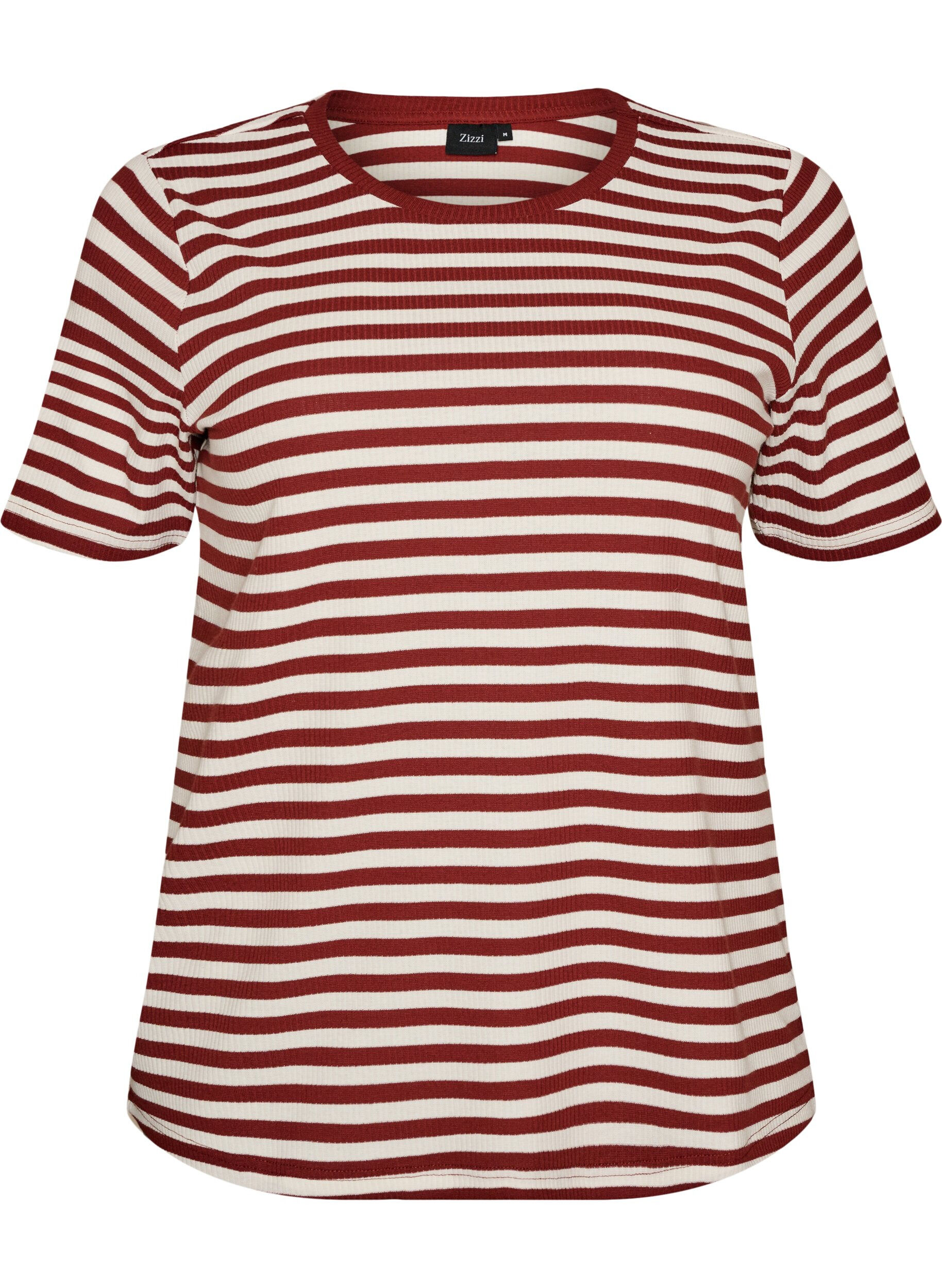 T-shirt med striper og ribbestrikket struktur
