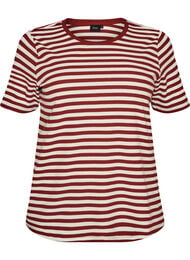 T-shirt med striper og ribbestrikket struktur, R&oslash;d