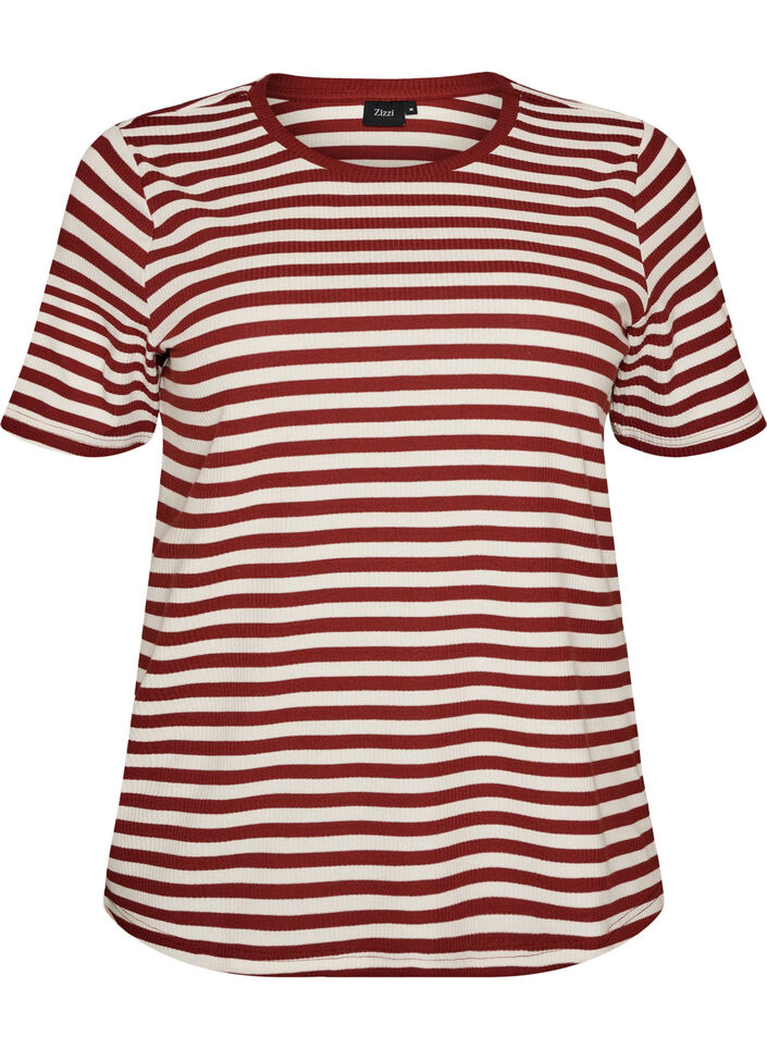 T-shirt med striper og ribbestrikket struktur, R&oslash;d, Packshot image number 0