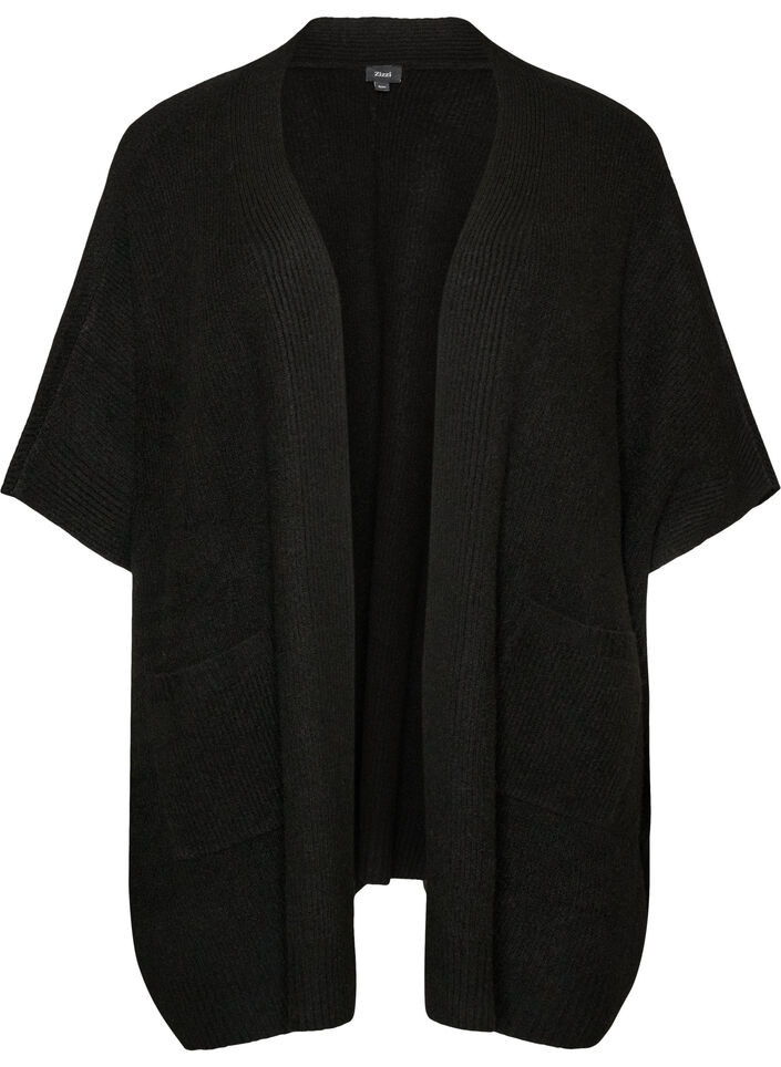 Cardigan med &aring;pen front og vide ermer, Svart, Packshot image number 0