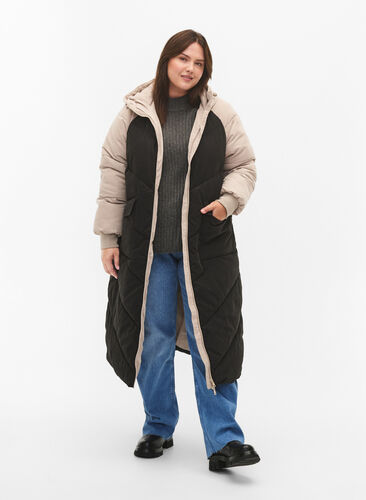 Lang fargeblokket vinterjakke med hette, Black Comb, Model image number 3
