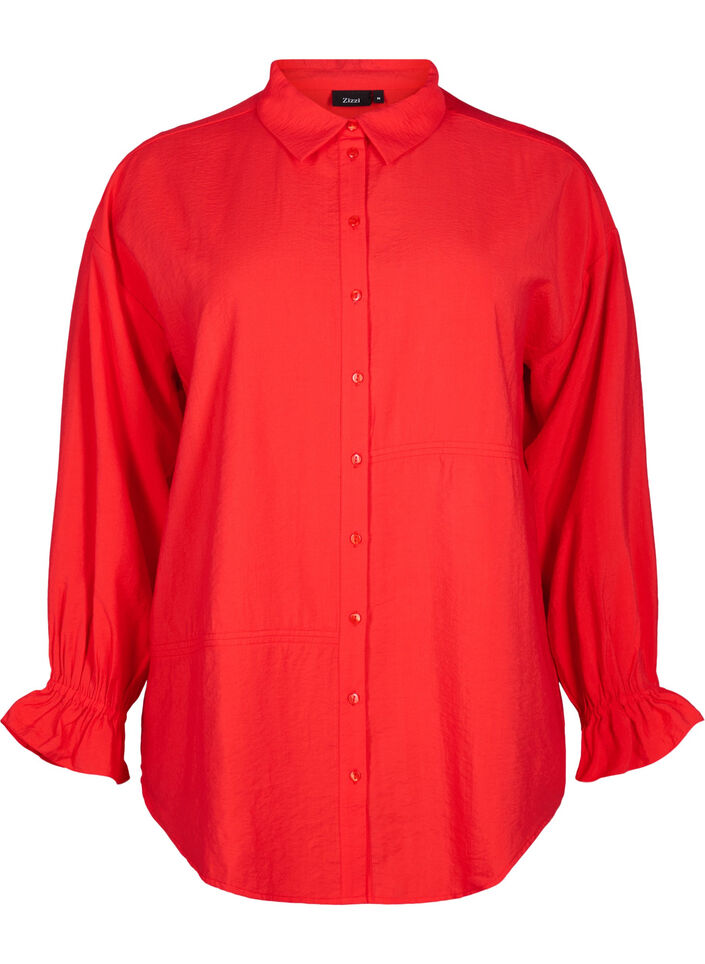 Skjorte med lange ermer og volangdetaljer, Rød, Packshot image number 0
