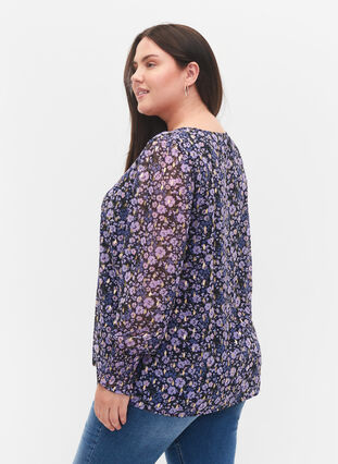 Blomstrete bluse med lange ermer og V-hals, Purple Ditzy Flower, Model image number 1