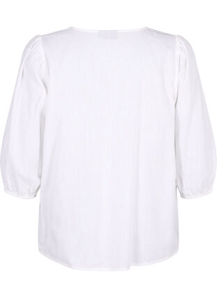 3/4-ermet bomullsbluse i bomullsblanding med lin, Bright White, Packshot image number 1