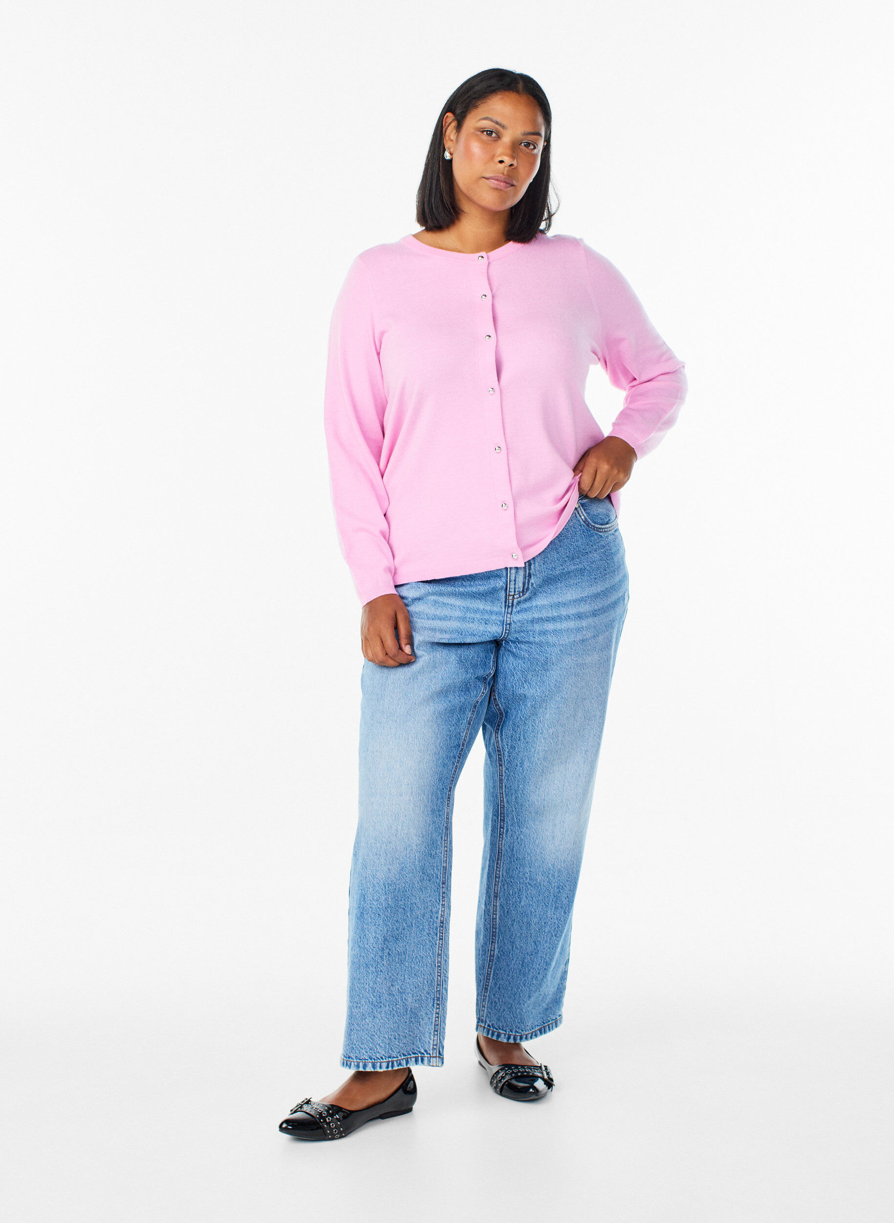 ZizziCardigan med runde knapper, Rosa, Model image number 1