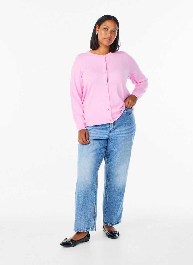 Cardigan med runde knapper, Rosa, Model image number 1