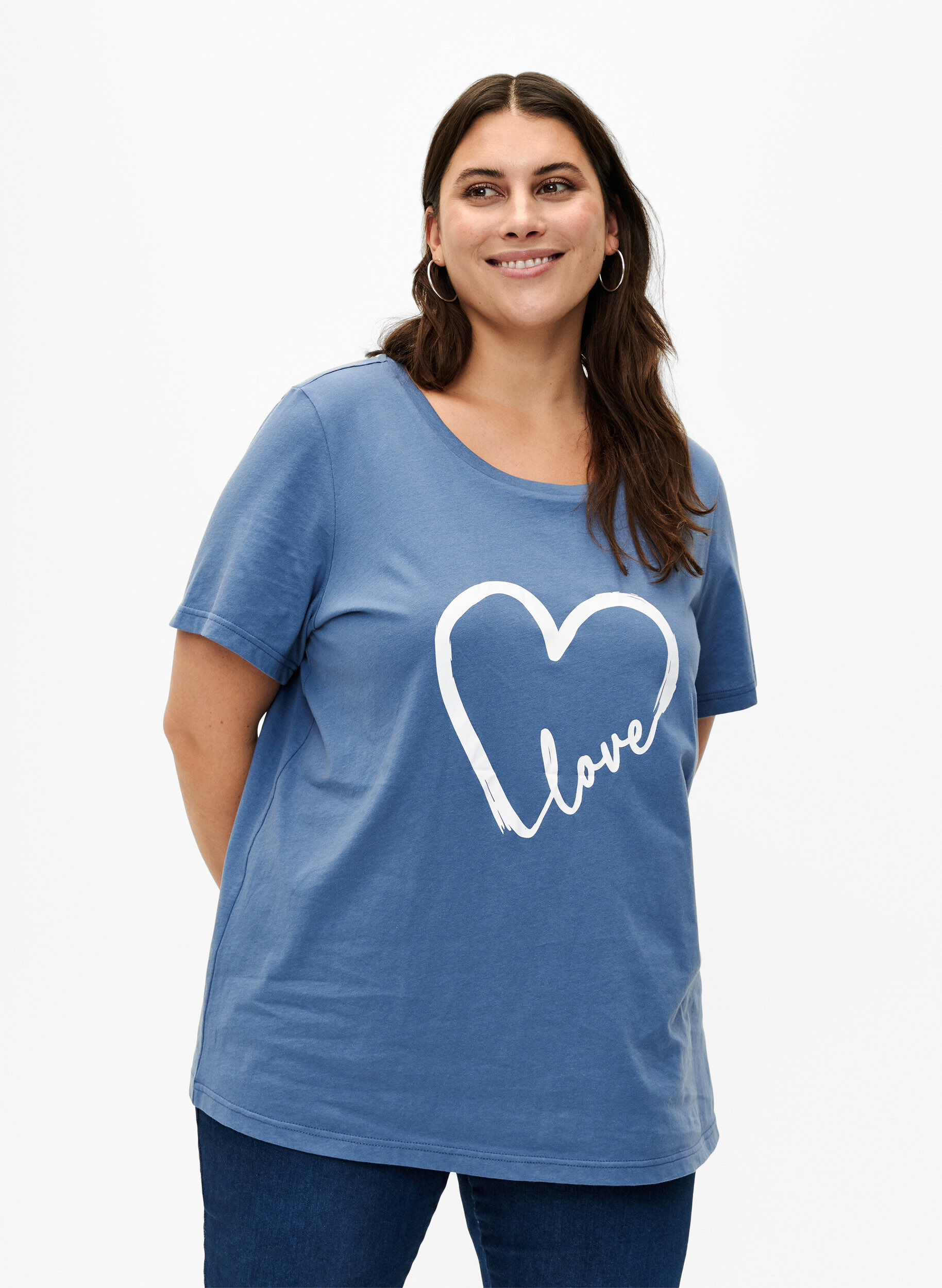 Zizzi T-skjorte i bomull med rund hals og trykk, Moonlight W.Heart L., Model image number 0