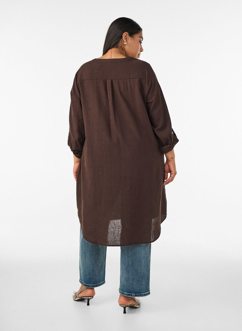 Lang skjorte i lin og viskose, Brun, Model image number 1