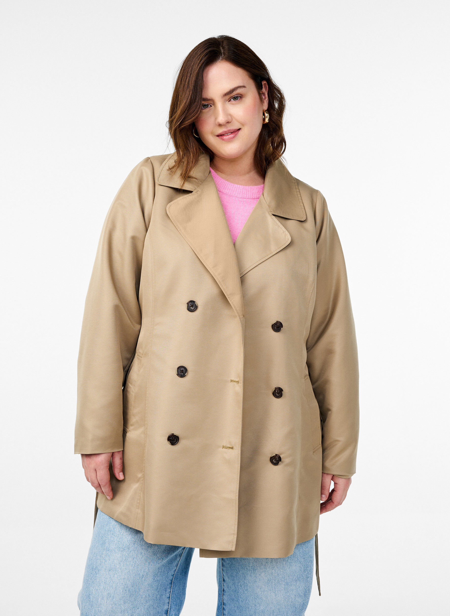 Kort trenchcoat med belte, Beige, Model